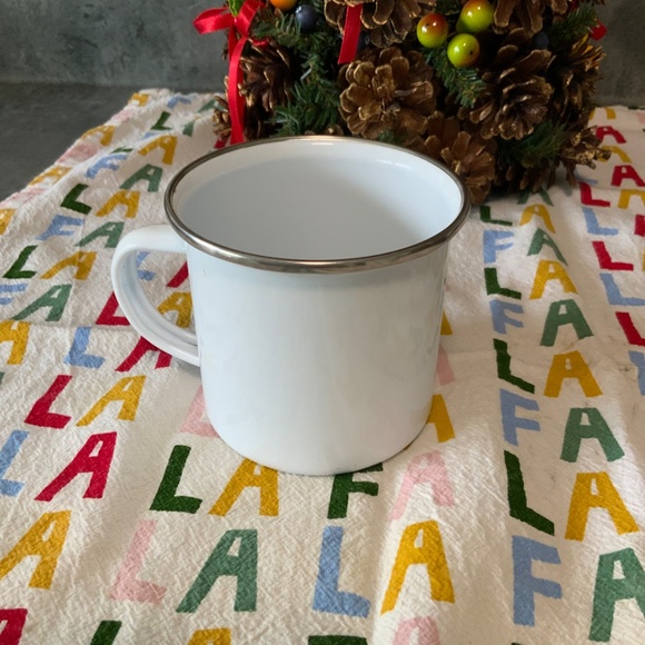 White Enamel Mug With Red Lettering, Warm & Cozy, Winter/Holiday, New - Picture 3 of 5